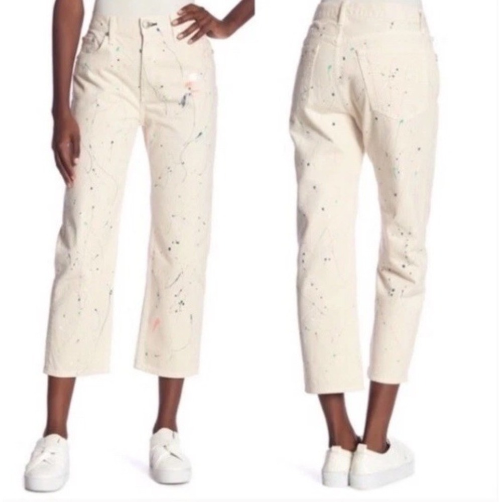 Rag & Bone Women 24 Cropped High Rise Jeans Denim Cream Paint Splatter Boyfriend